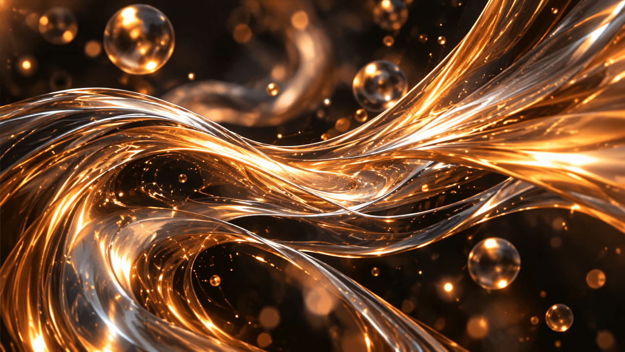 Ribbons of liquid gold winding around reflective spheres.