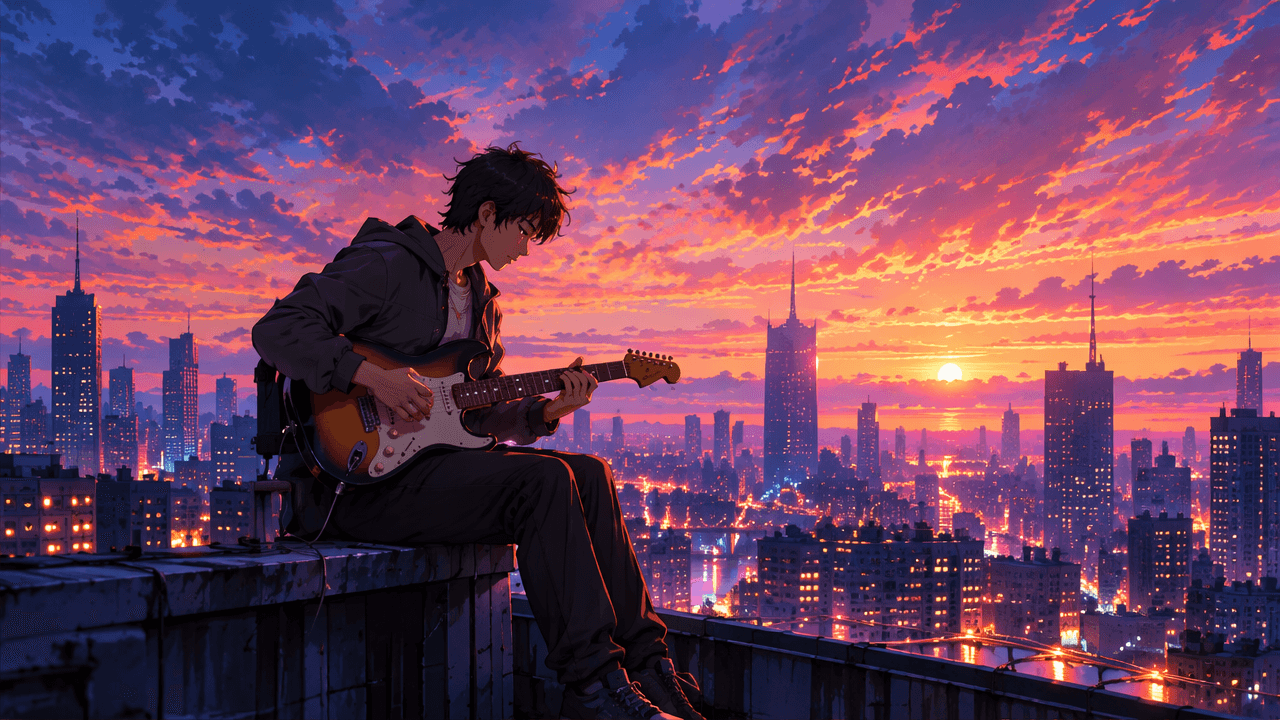 An anime guitarist on a rooftop above a city at sunset.