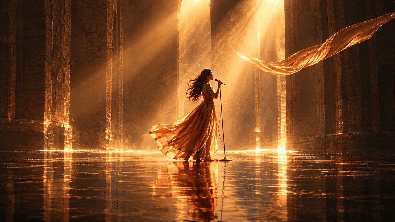 A singer in a flowing amber dress, surrounded by golden light and reflections.