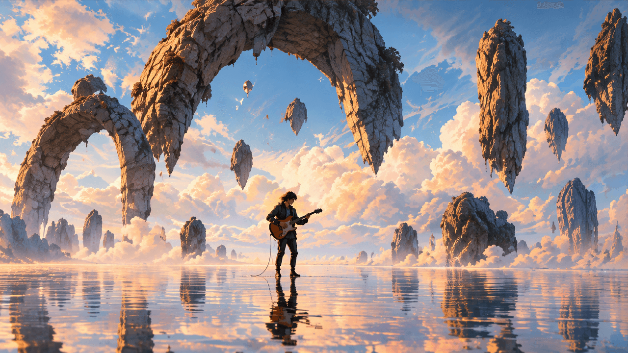 A guitarist beneath floating stone arches in a luminous world of clouds.