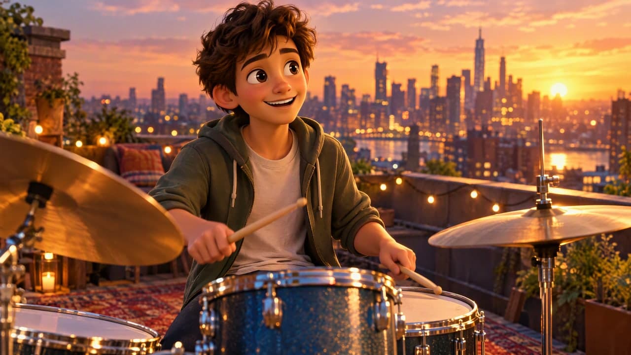 A smiling animated drummer playing on a rooftop at golden hour.