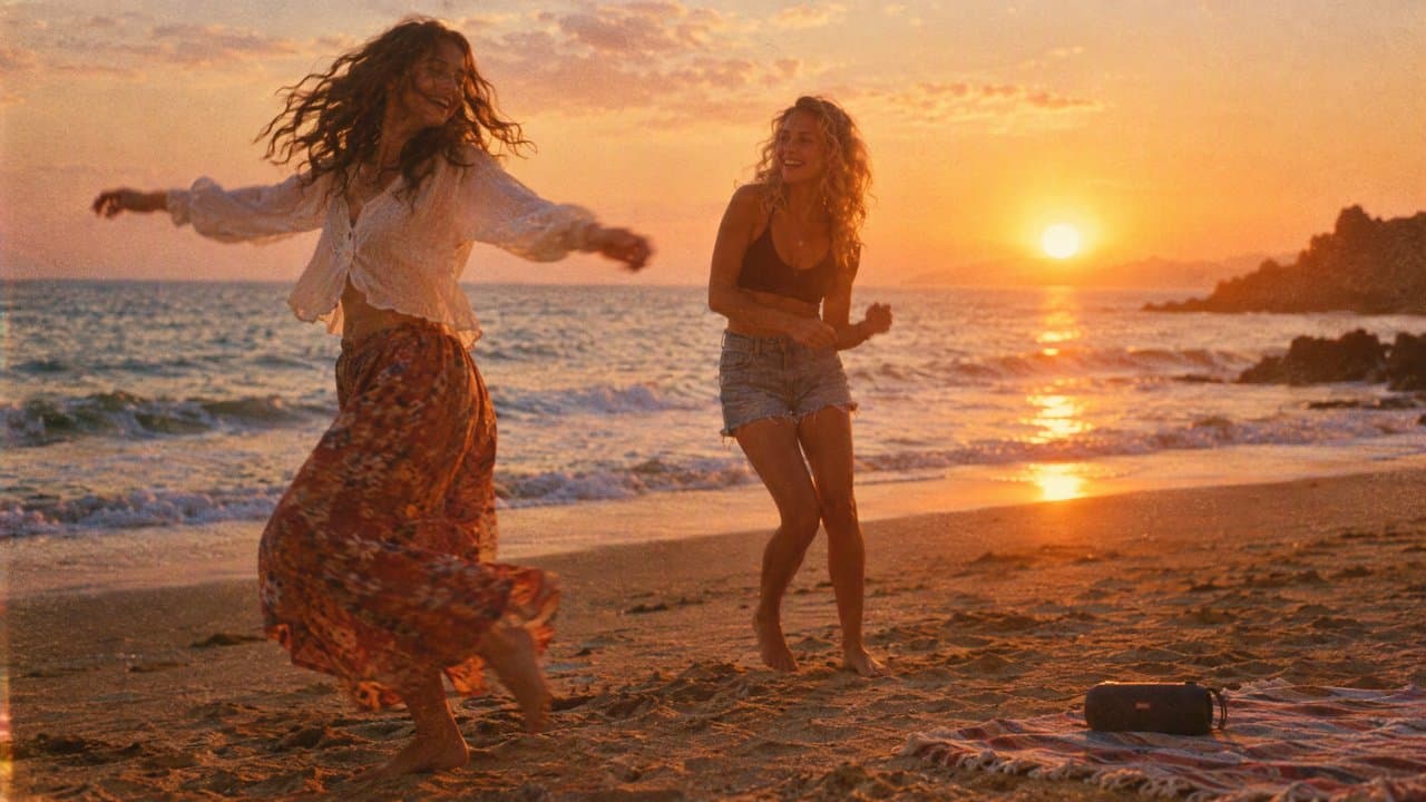 Two friends dancing on a beach at dusk, with warm film grain and soft glowing light.