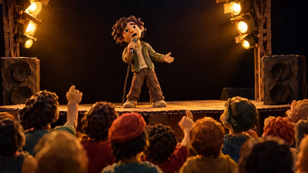 A clay singer performing on a cardboard stage for a clay crowd.