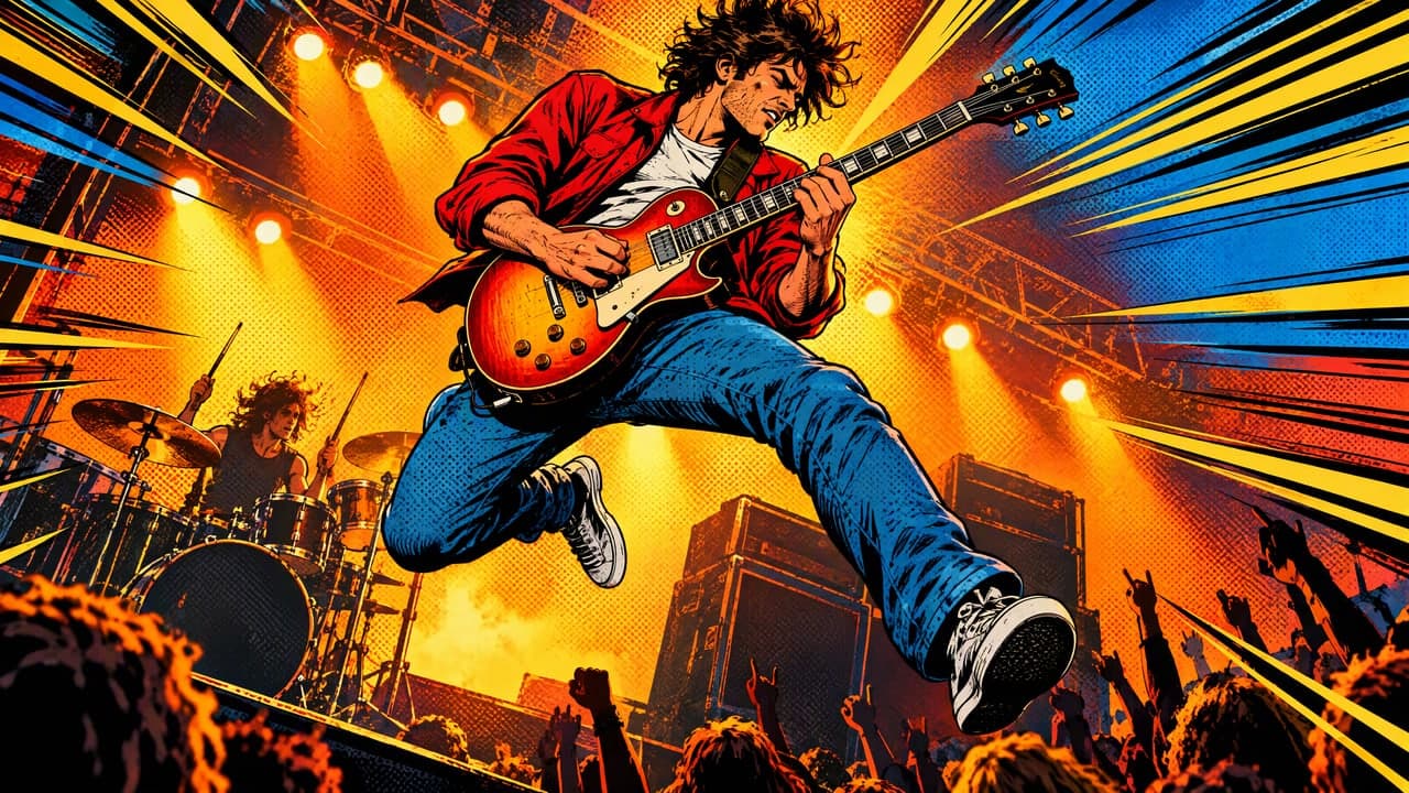A comic-book guitarist leaping mid-solo with speed lines and halftone dots.