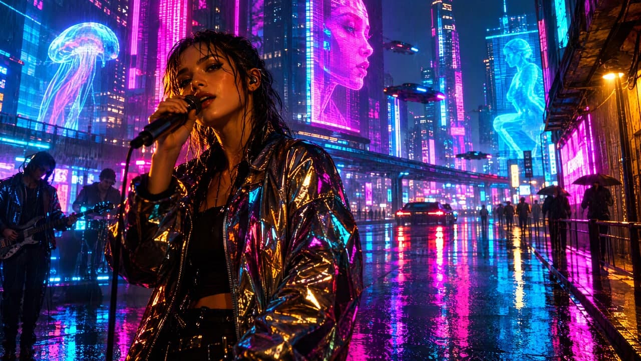 A singer in a shiny jacket on a rain-soaked street under neon signs and holograms.