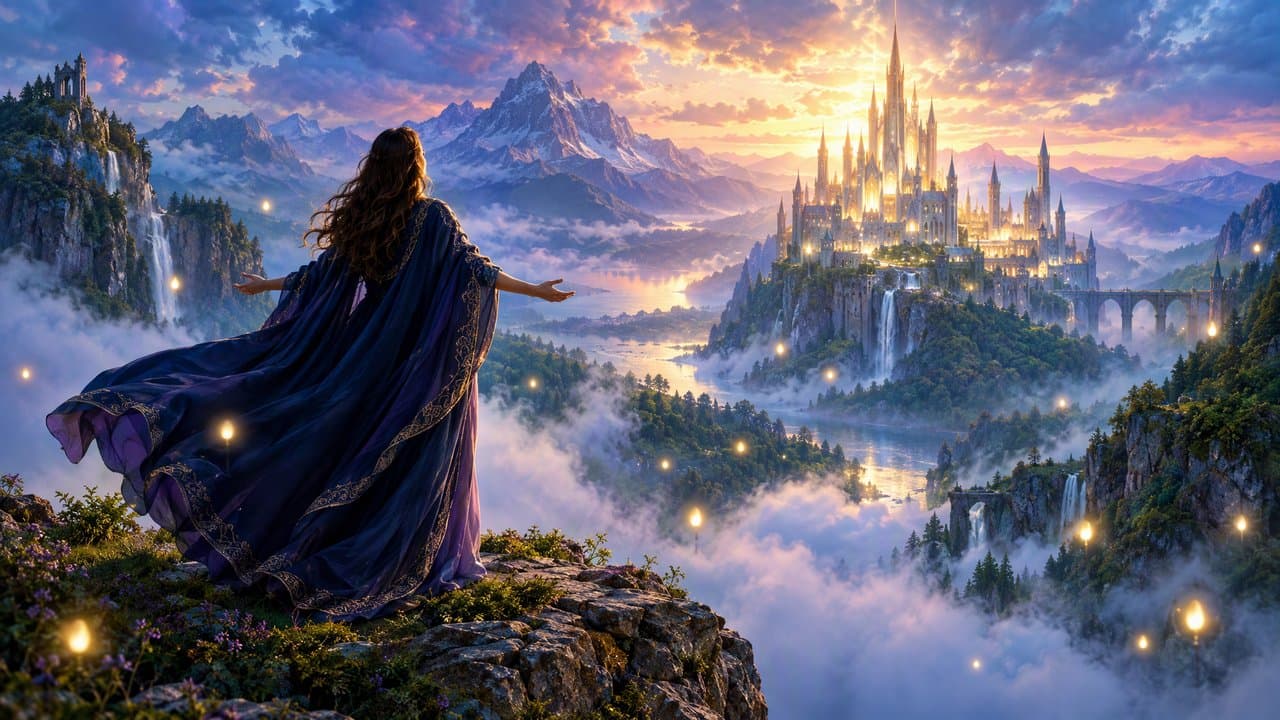 A singer on a cliff above a misty valley, with a glowing castle and floating lights.