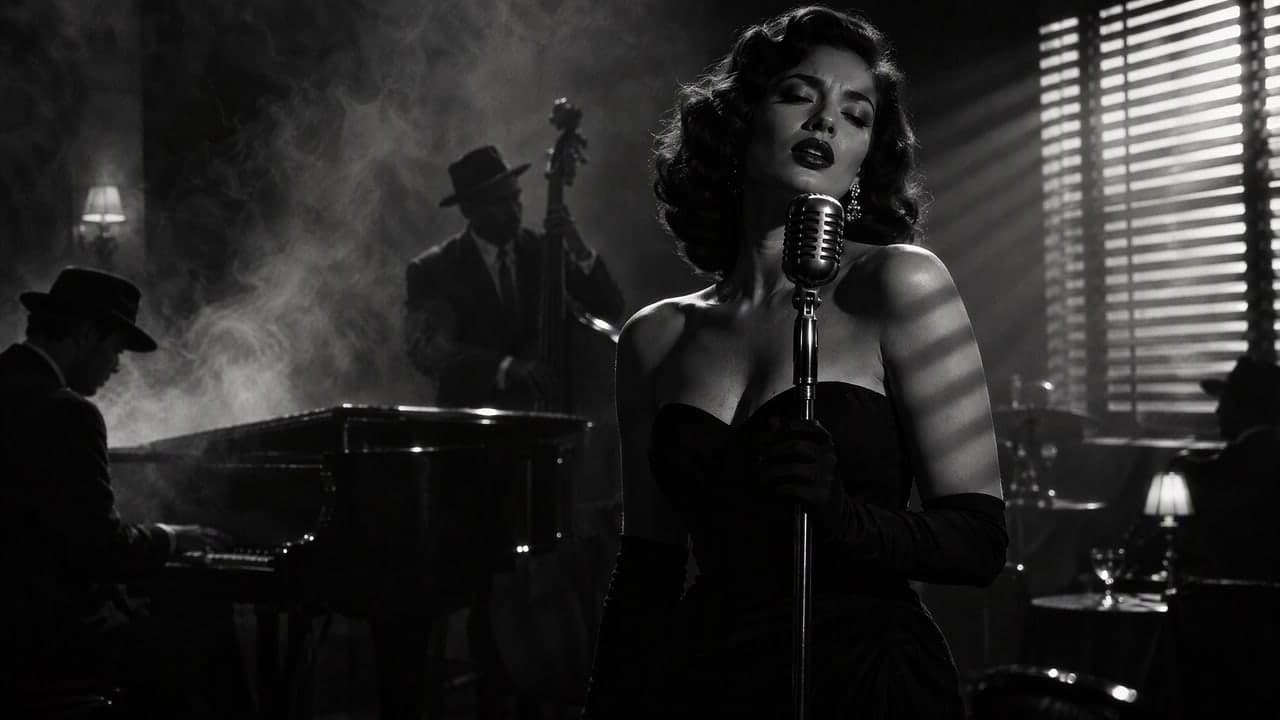 A jazz singer at a vintage microphone in a smoky black-and-white nightclub.