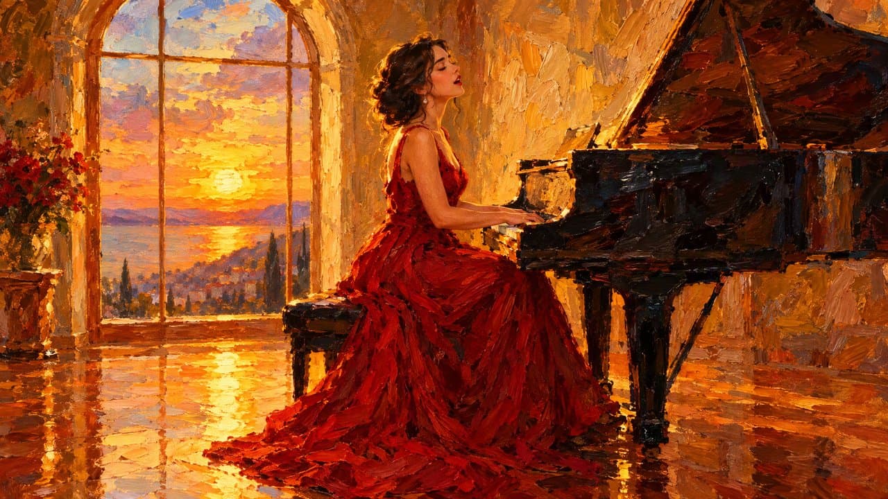 A painted singer at a piano by a tall window, in thick, glowing brushstrokes.