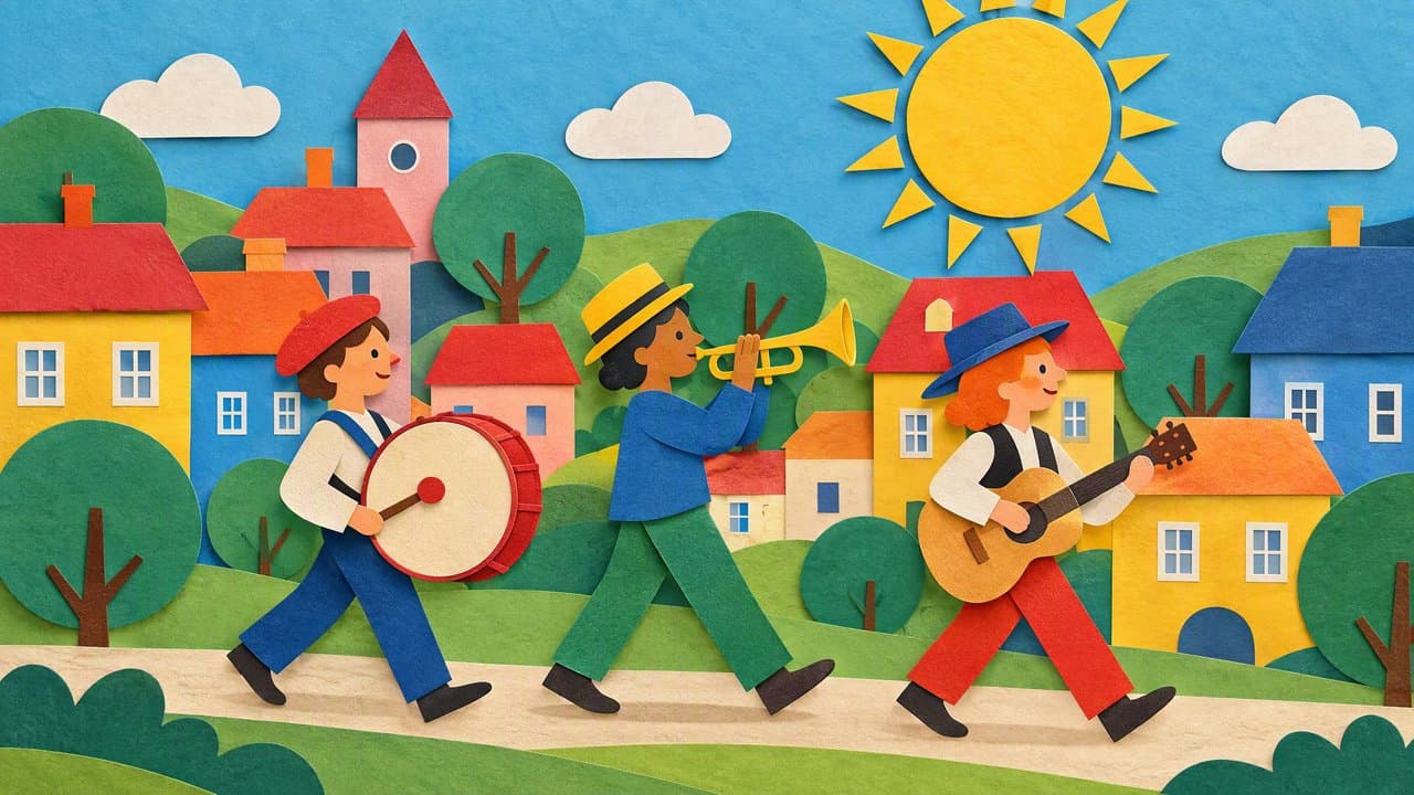 Paper-cut musicians marching through a layered paper town with soft shadows.
