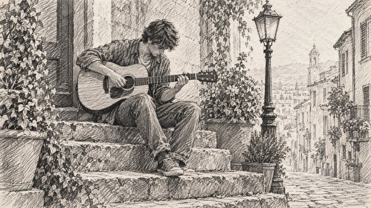 A pencil sketch of a guitarist sitting on old stone steps, drawn with loose lines and cross-hatching.