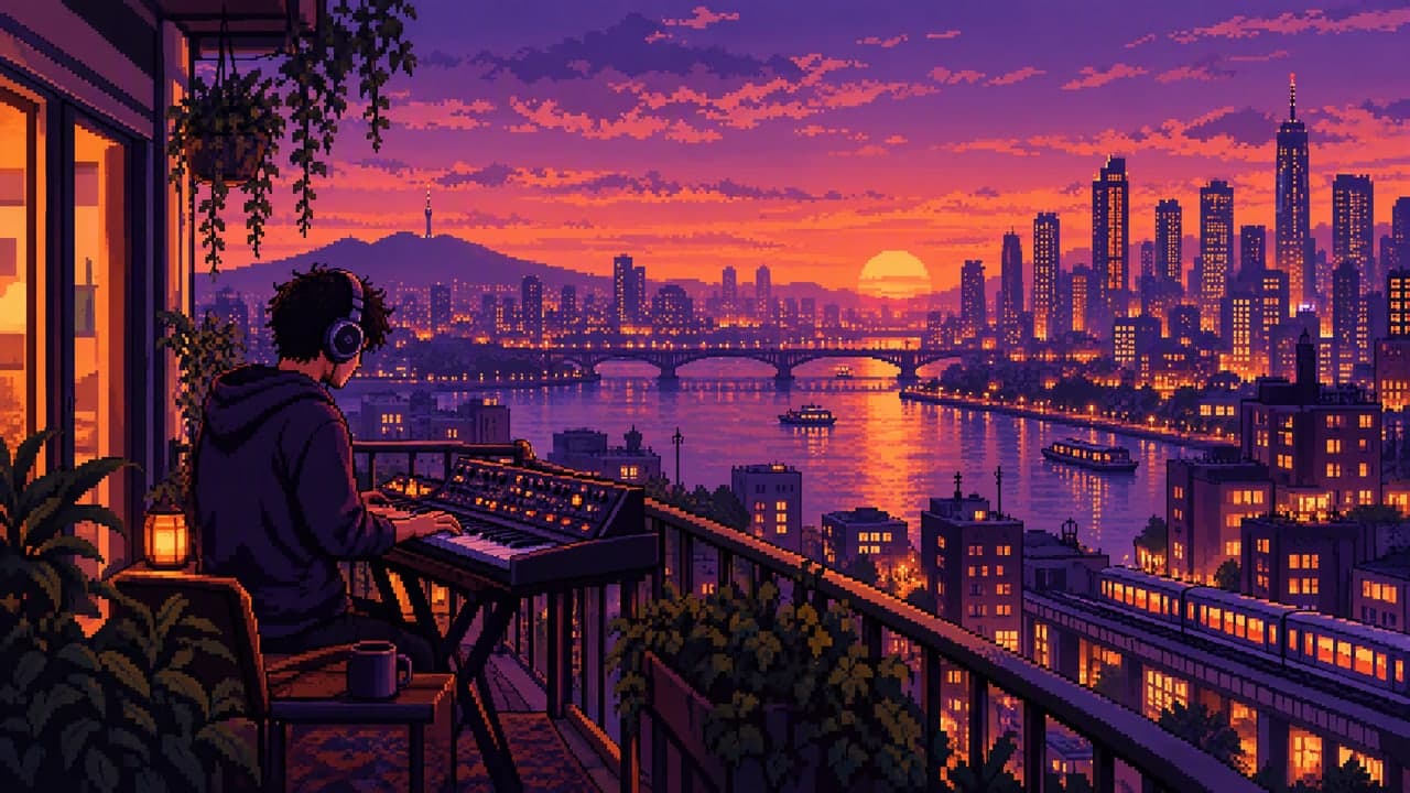 A pixel-art musician playing a synth on a balcony above a city at dusk.