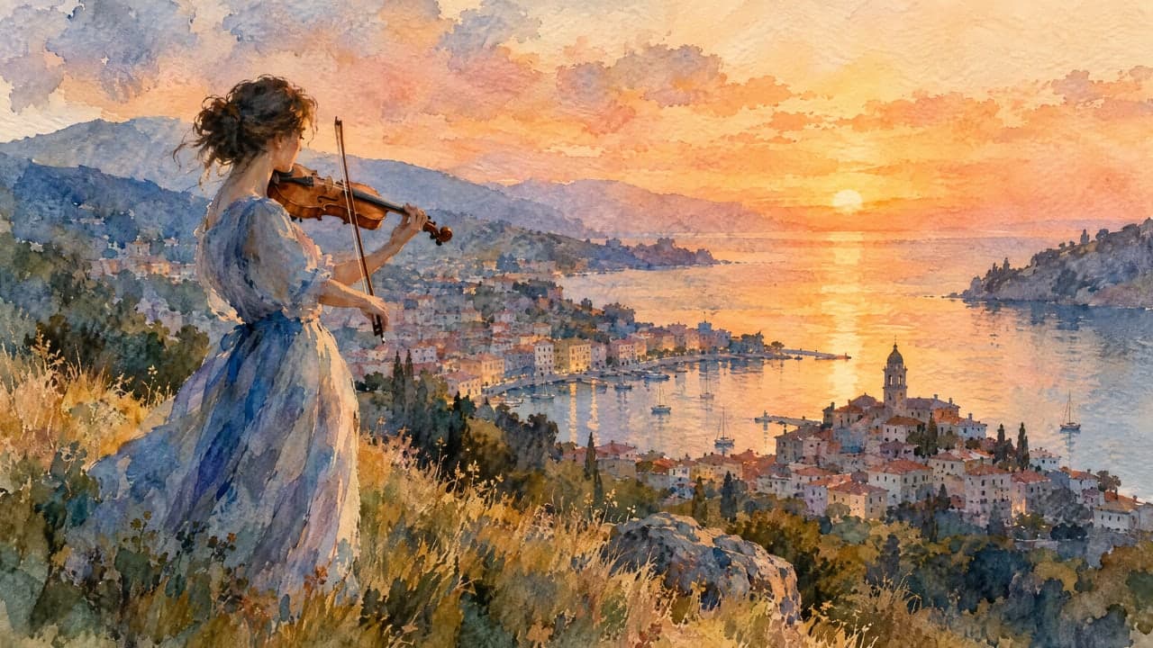 A painted violinist on a hill above a coastal town at sunset.